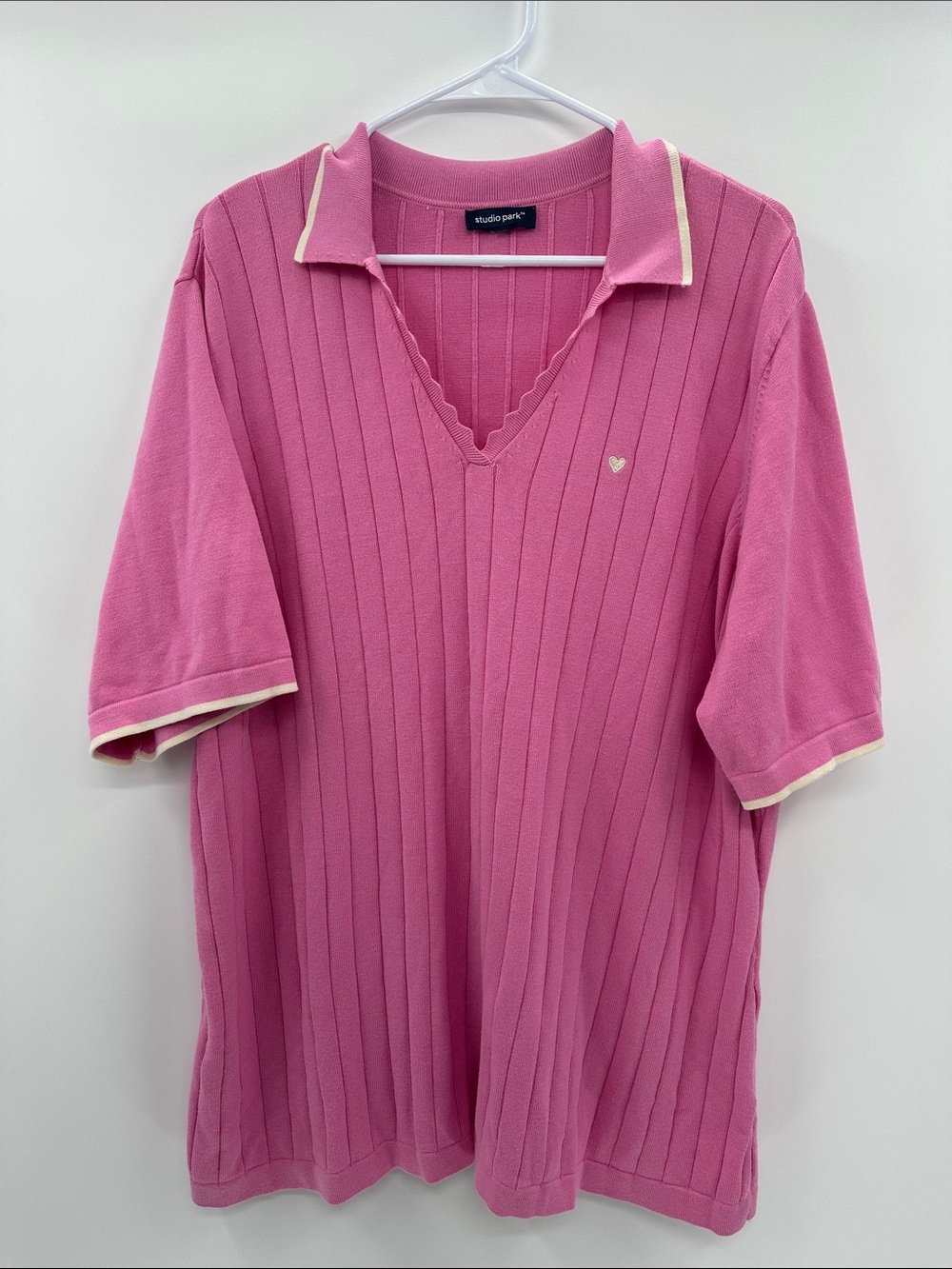Studio Park x Alberti Popaj Pink Ribbed Knit Sweater with Contrast Trim